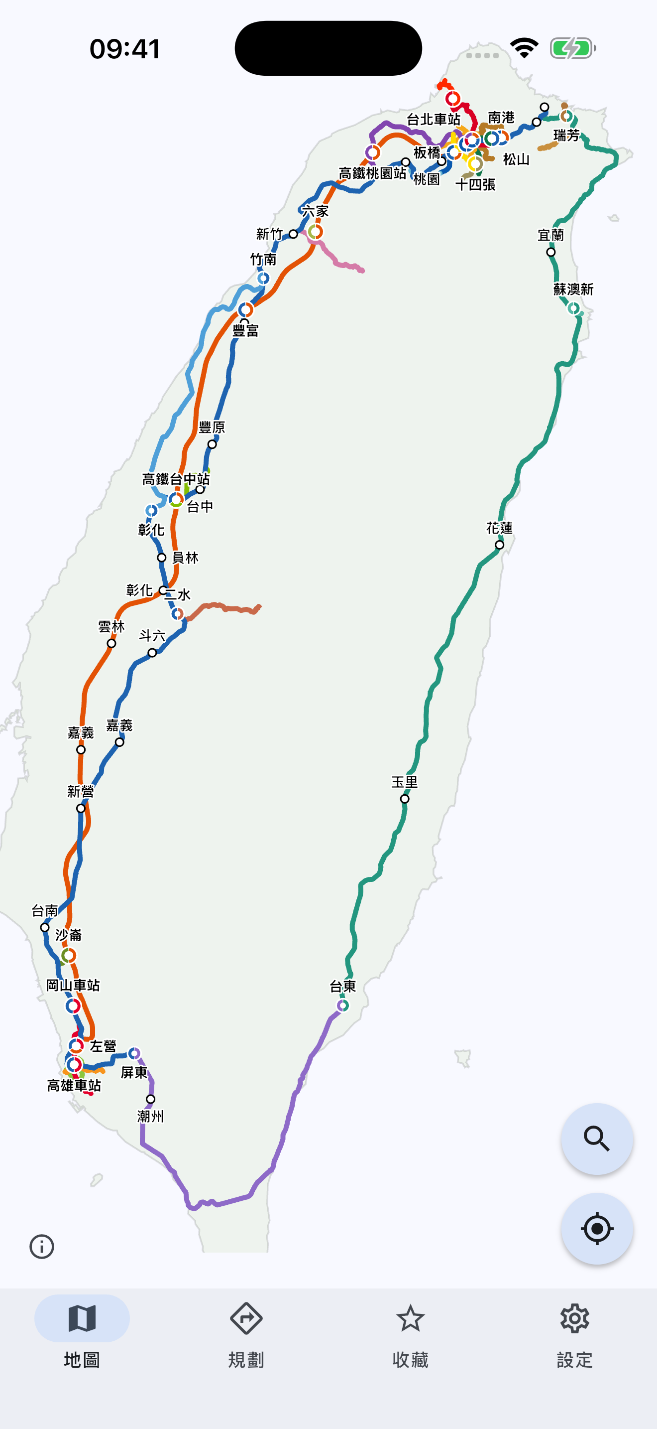 軌道通實際畫面:全台軌道路網地圖,可選車站查看班次